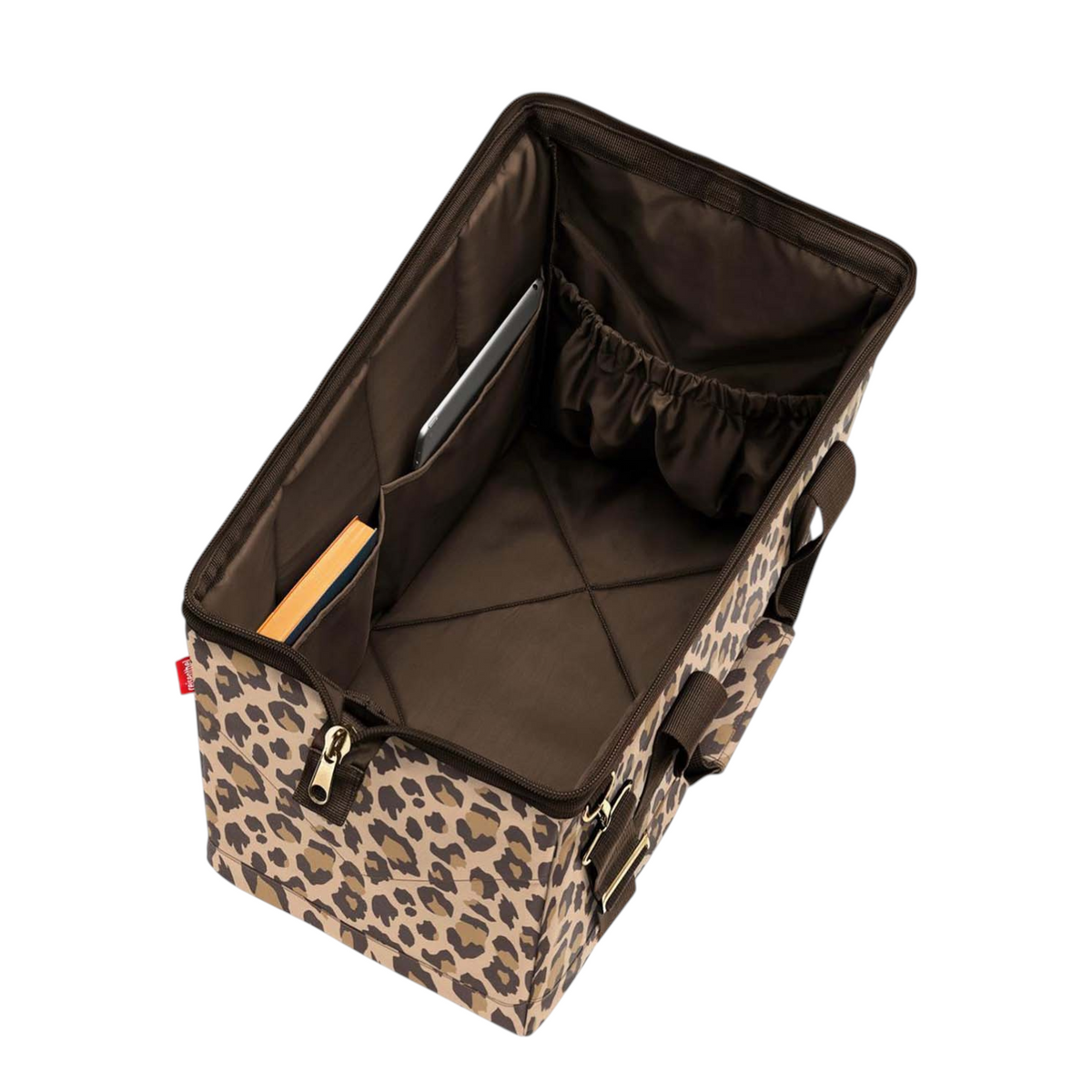 Lieblingstasche Allrounder L travel bag in leopard print with open top, internal pockets, and sturdy metal frame.