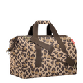 Lieblingstasche Allrounder L travel bag in a brown leopard print pattern with sturdy handles and shoulder strap.
