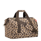 Lieblingstasche Allrounder L travel bag in a brown leopard print pattern with sturdy handles and shoulder strap.