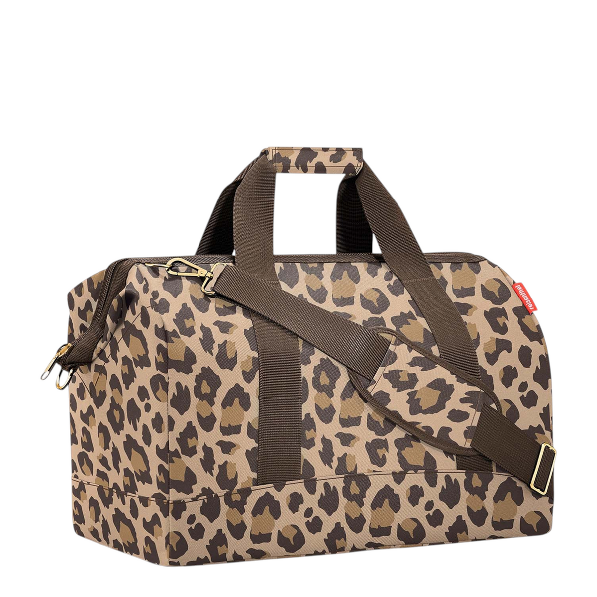 Lieblingstasche Allrounder L travel bag in a brown leopard print pattern with sturdy handles and shoulder strap.