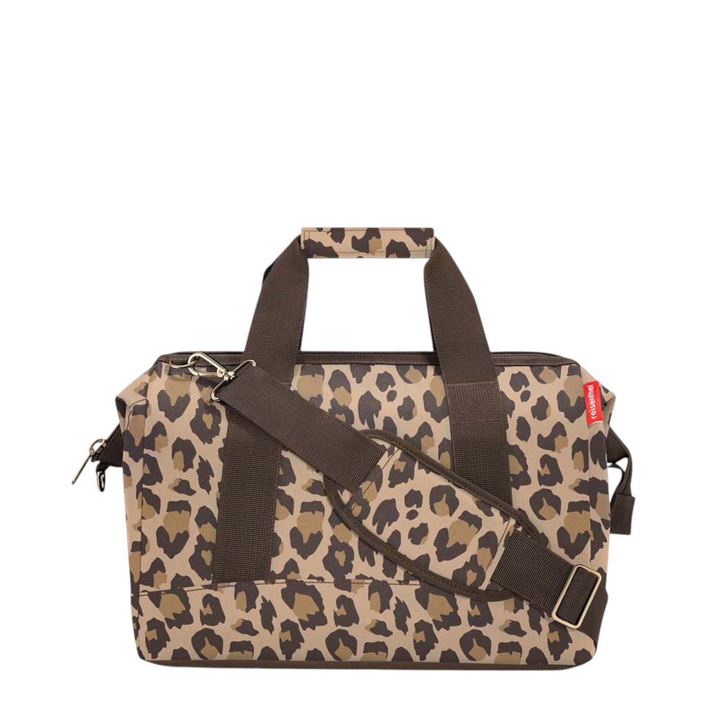 Lieblingstasche Allrounder M travel bag in a brown leopard print pattern with sturdy handles and shoulder strap