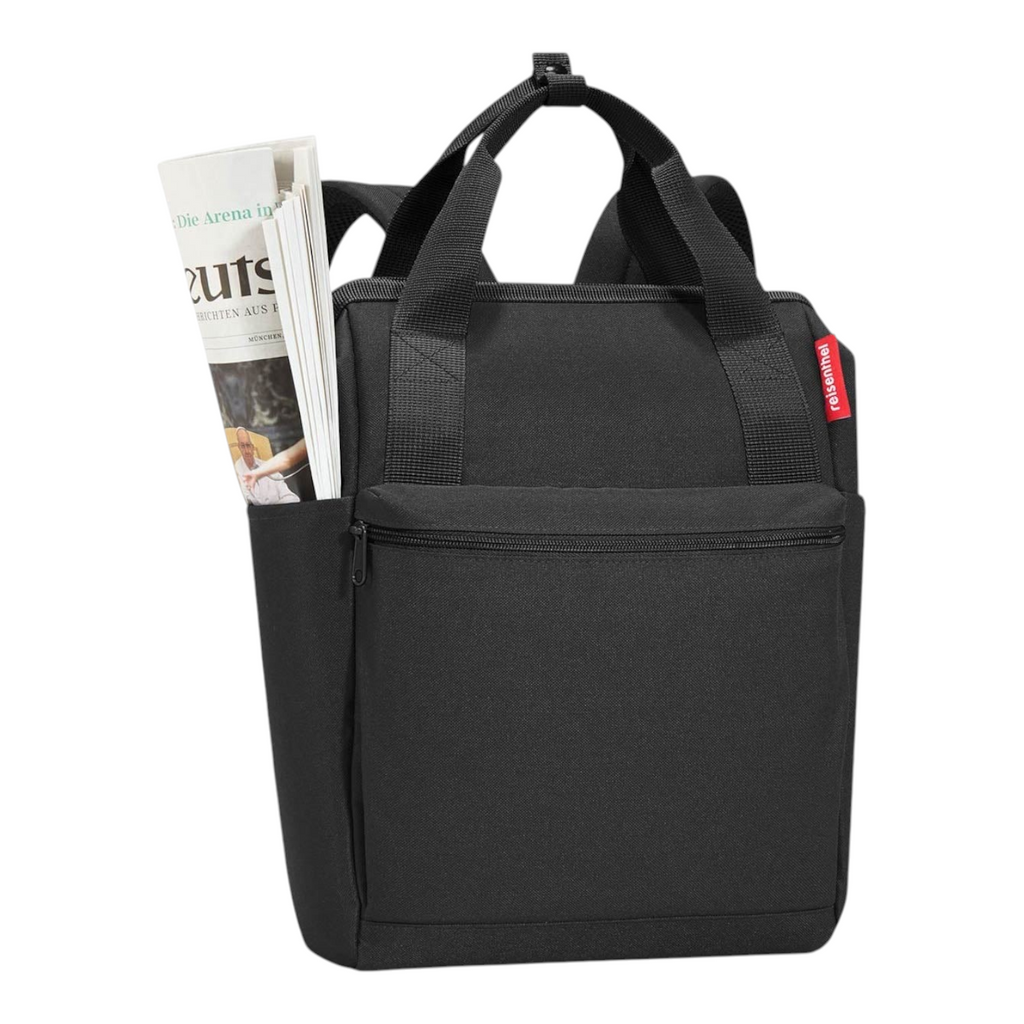 Lieblingstasche Allrounder R insulated black backpack with top handles, front zipper pocket, and magazine storage.