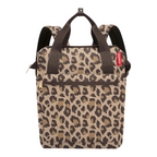 Lieblingstasche Allrounder R insulated backpack in a brown leopard print pattern with dual handles and zip pockets.