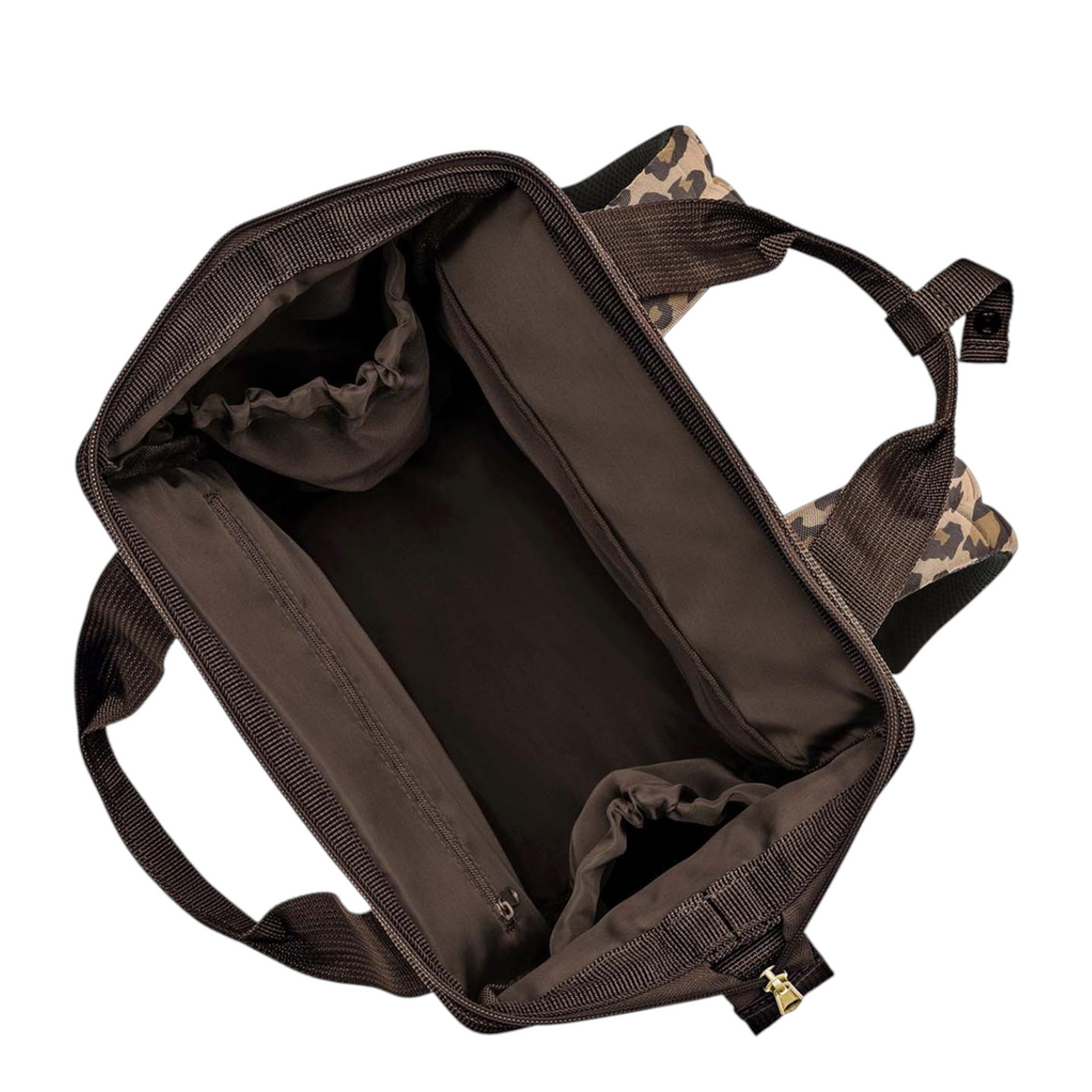 Lieblingstasche Allrounder R insulated backpack with brown interior, zip opening, and leopard print straps