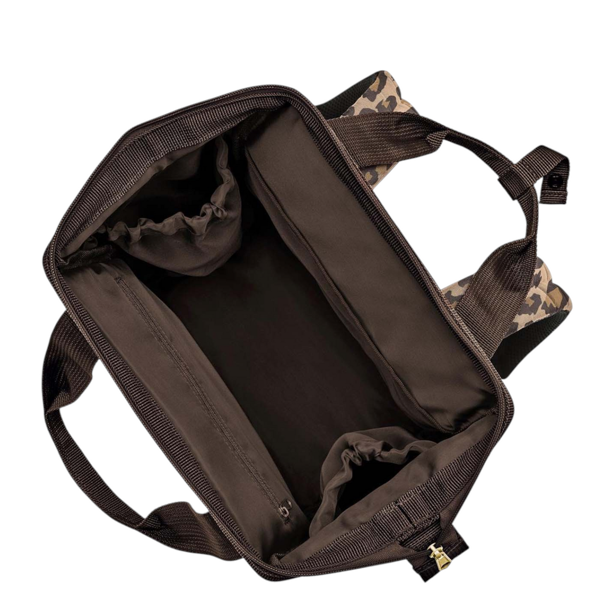 Lieblingstasche Allrounder R insulated backpack with brown interior, zip opening, and leopard print straps