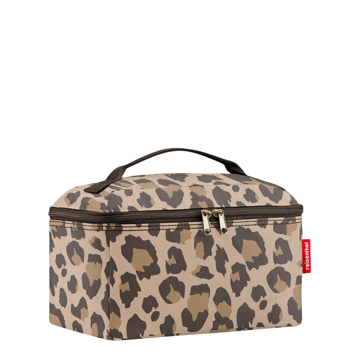 Lieblingstasche beauty case in a beige and brown leopard print pattern with a sturdy handle and zip closure.