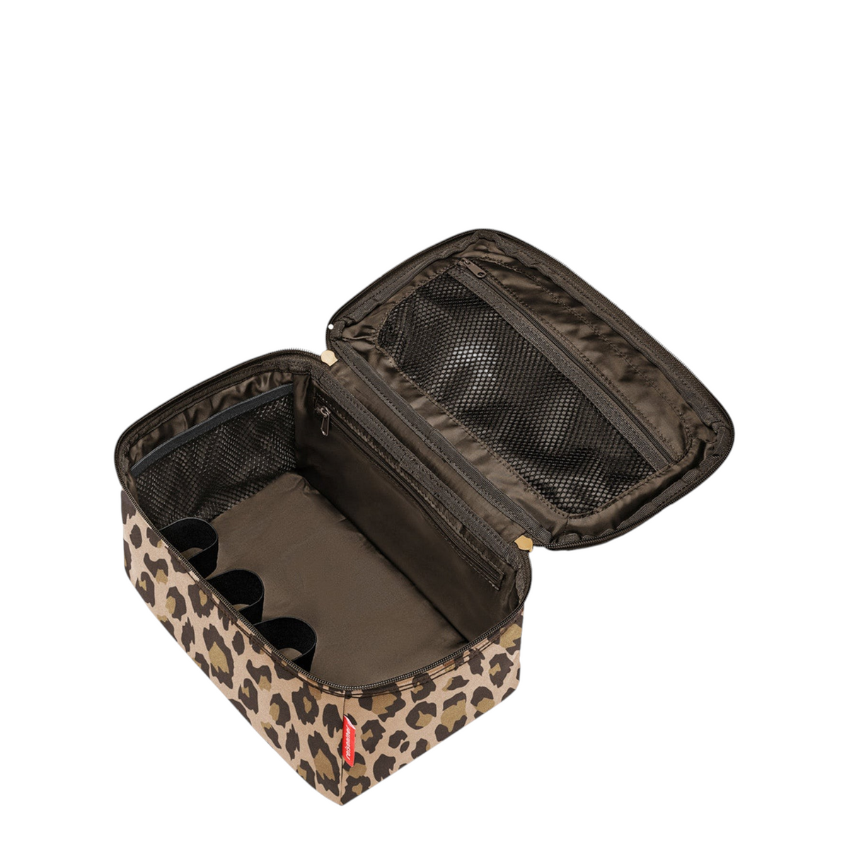 Lieblingstasche leopard print beauty case with internal mesh pockets and elastic holders for organized makeup storage