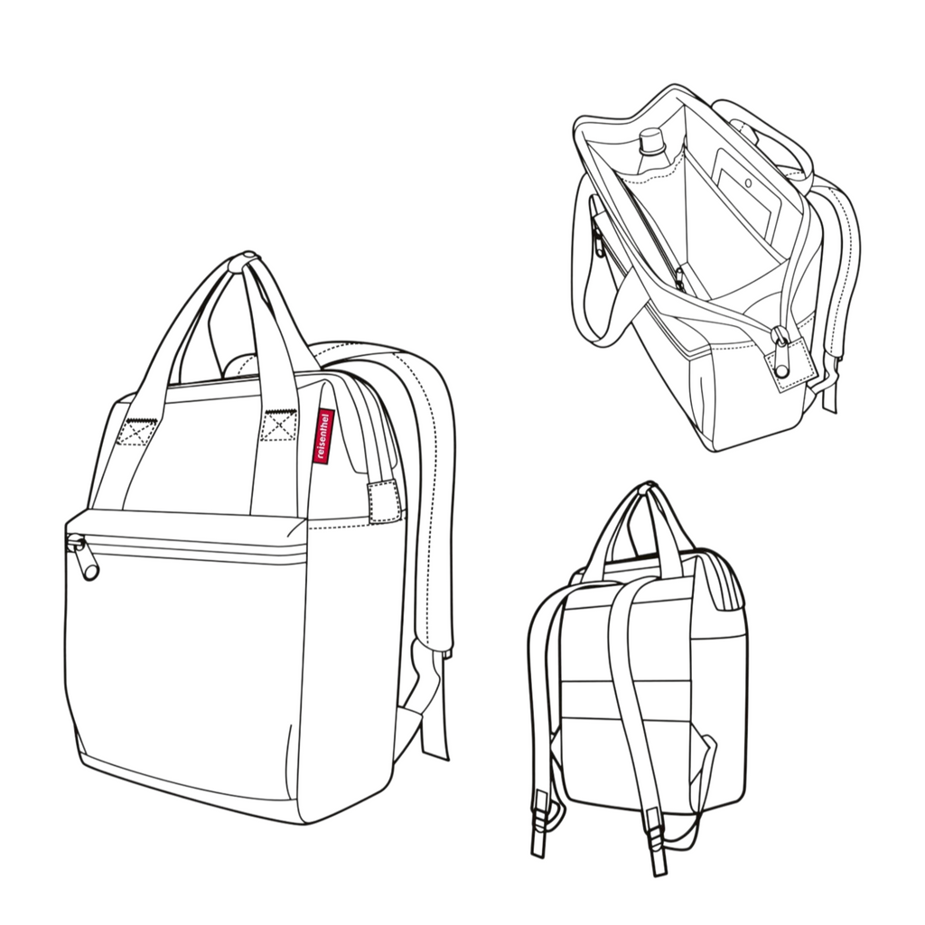 Lieblingstasche Allrounder R insulated backpack and tote bag line art illustration showing front, back, and interior