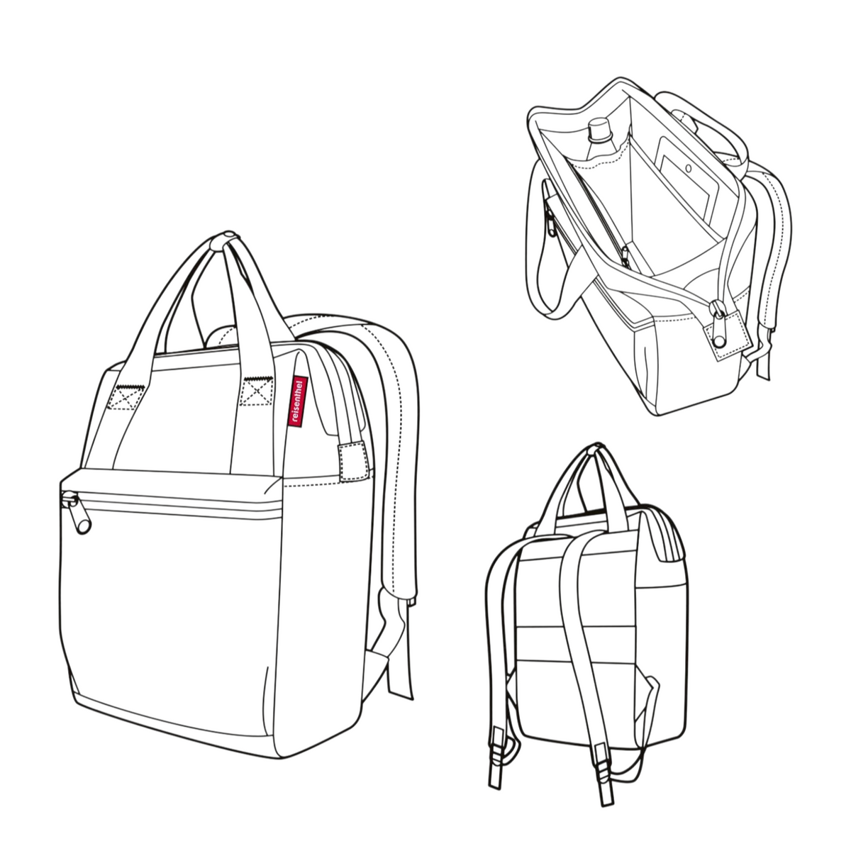 Lieblingstasche Allrounder R insulated backpack and tote bag line art illustration showing front, back, and interior