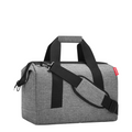 Lieblingstasche Allrounder M grey travel bag with black handles, adjustable shoulder strap, and metal frame closure.