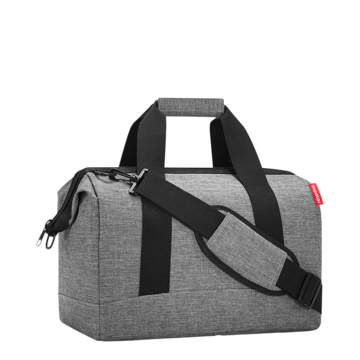 Lieblingstasche Allrounder M grey travel bag with black handles, adjustable shoulder strap, and metal frame closure.