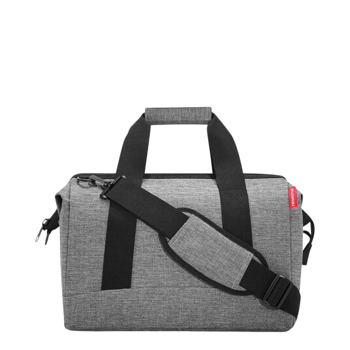 Lieblingstasche Allrounder M grey travel bag with black handles, shoulder strap, and water-resistant polyester fabric.