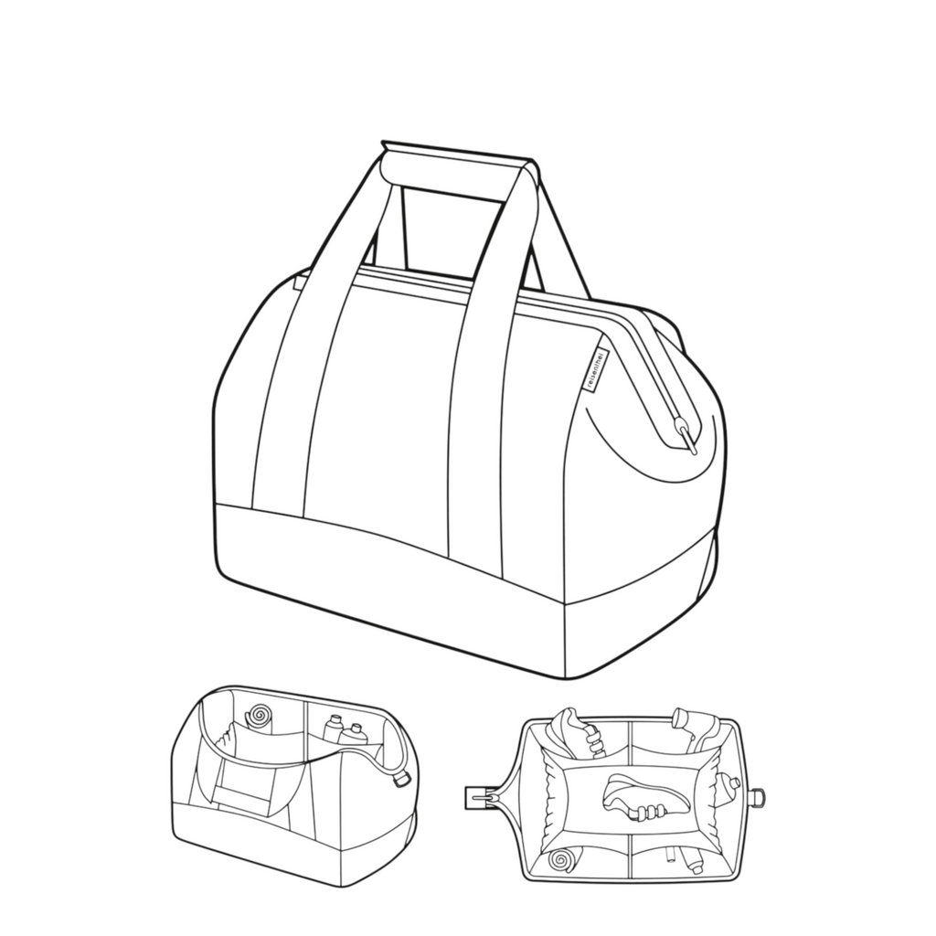 Lieblingstasche Allrounder L travel bag with internal compartments and metal frame closure in a line art illustration