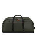 Lieblingstasche Ecodiver L duffle bag in dark green with black straps and red zipper pulls.