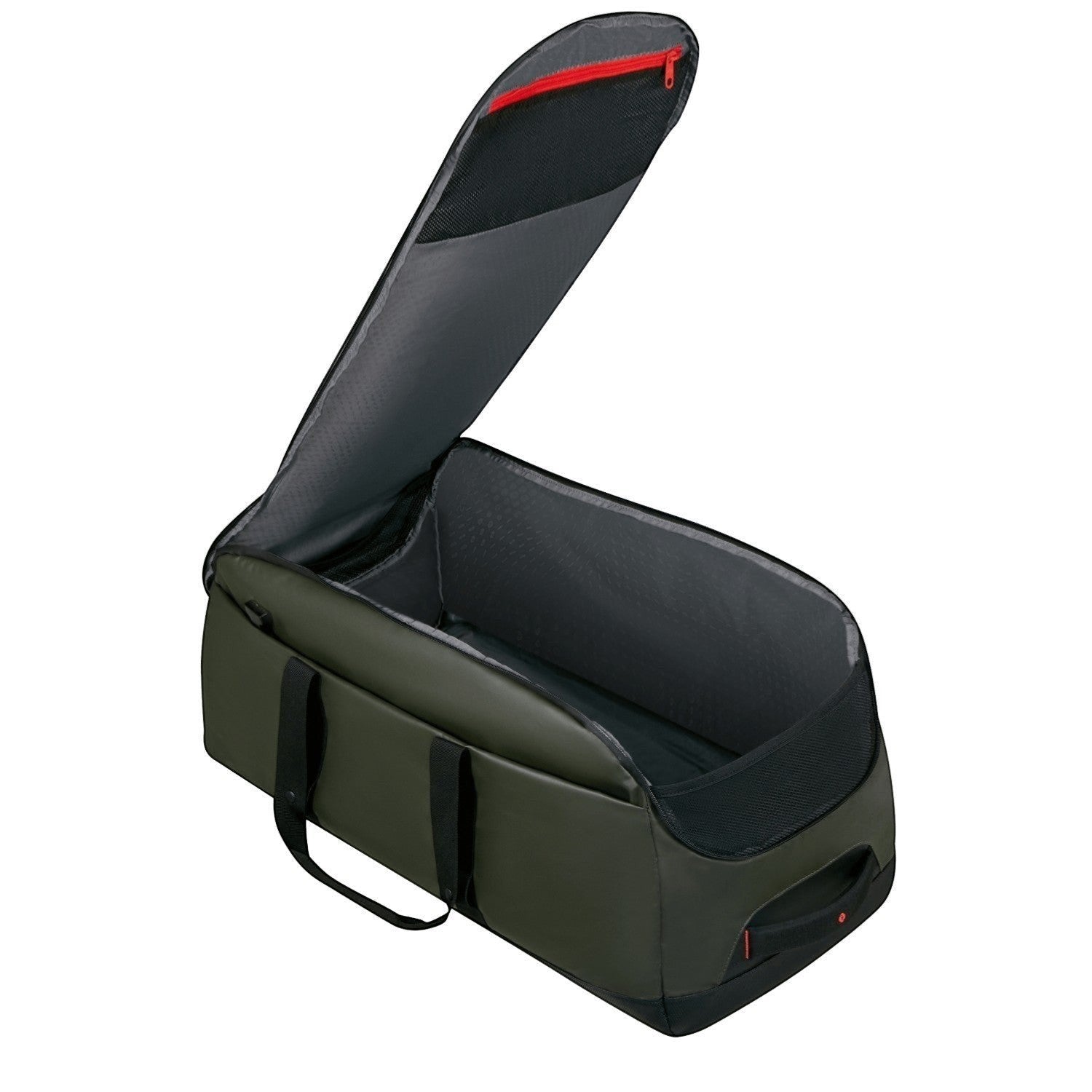 Lieblingstasche Ecodiver Duffle L large green travel bag with black handles and red zipper detail.