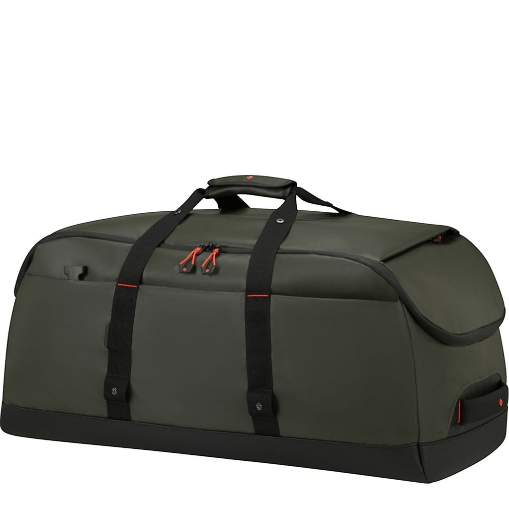 Lieblingstasche Ecodiver L dark green duffle bag with black accents and red zipper pulls
