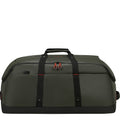 Lieblingstasche Ecodiver L duffle bag in dark green with black straps and red zipper pulls.
