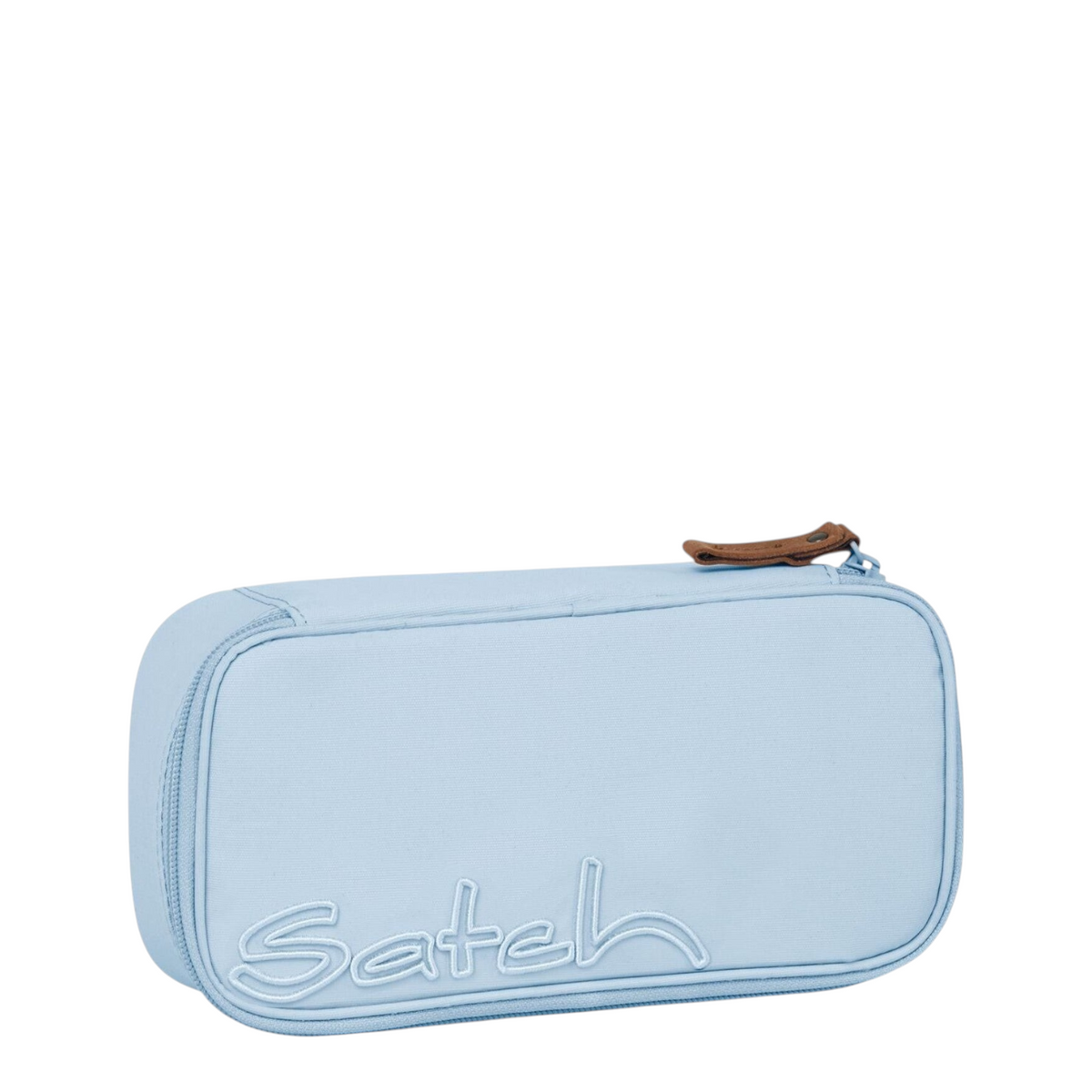Lieblingstasche Satch pencil case in light blue recycled PET material with embroidered logo and brown zipper pull
