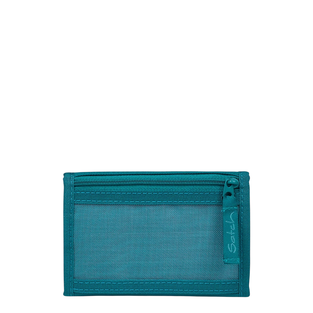 Lieblingstasche teal wallet with a transparent mesh window, zipper closure, and practical interior compartments.