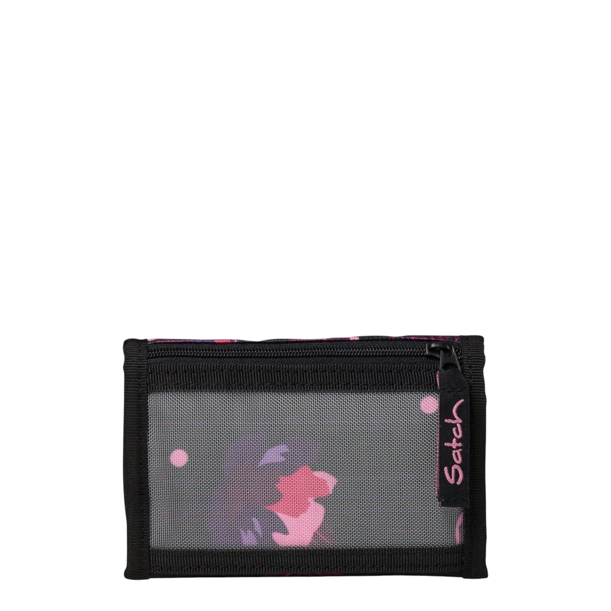 Lieblingstasche wallet with black trim, mesh front pocket, and colorful patterned interior visible through the mesh.