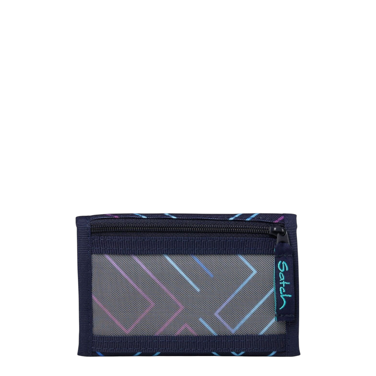 Lieblingstasche wallet in dark blue with a geometric neon pattern, featuring a transparent mesh window and zip pocket.