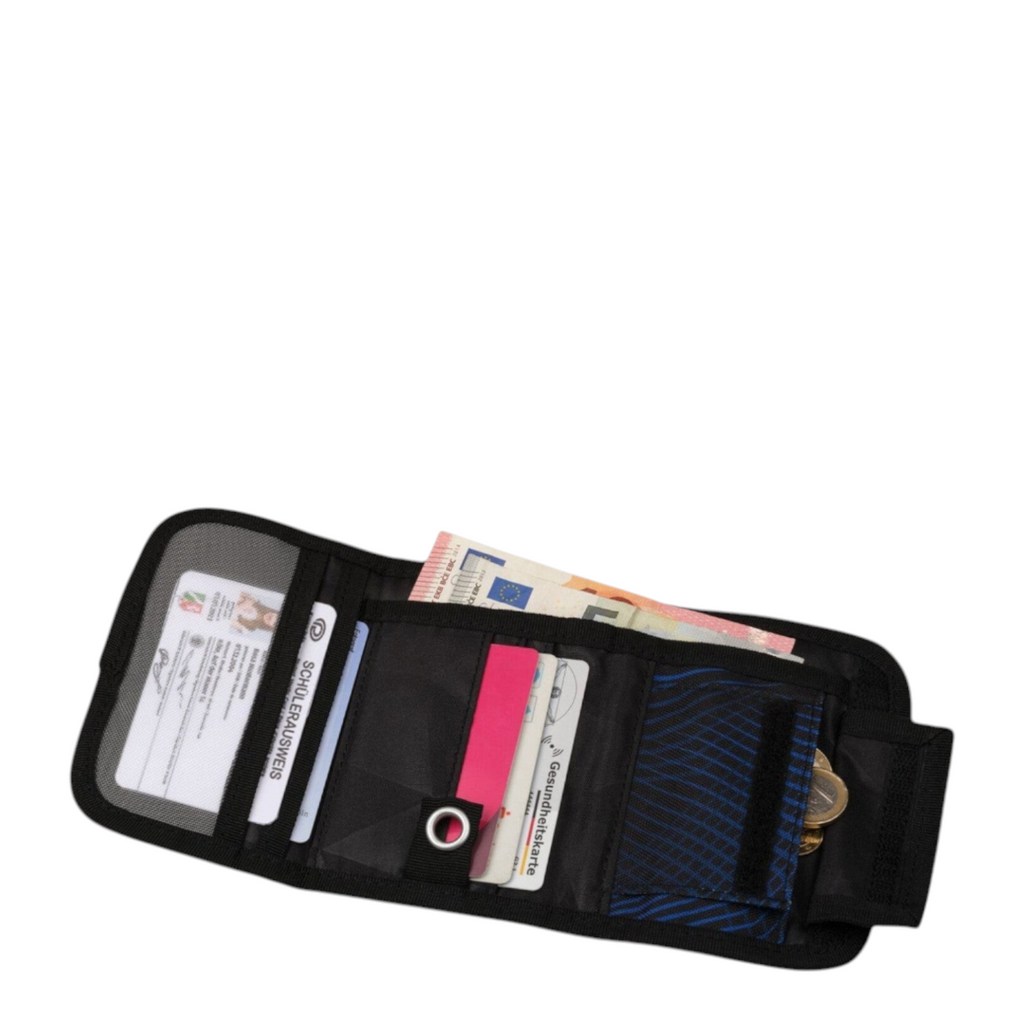 Lieblingstasche black tri-fold wallet with transparent ID window, coin pocket, and card slots for organized storage.