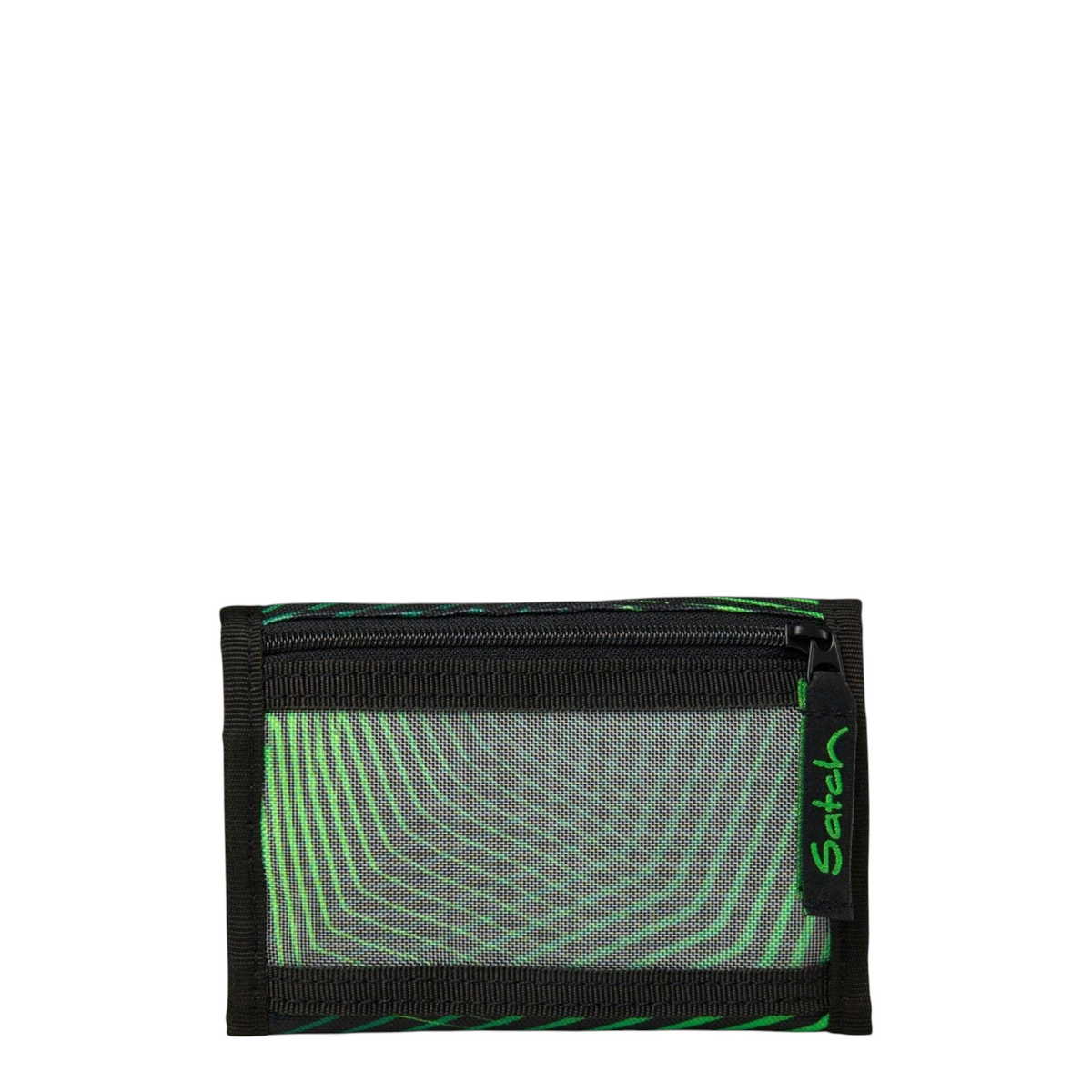 Lieblingstasche Satch wallet with green and black geometric pattern, featuring a transparent mesh coin pocket.