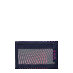 Lieblingstasche wallet in dark blue with pink geometric pattern, featuring a transparent window and zipper pocket.