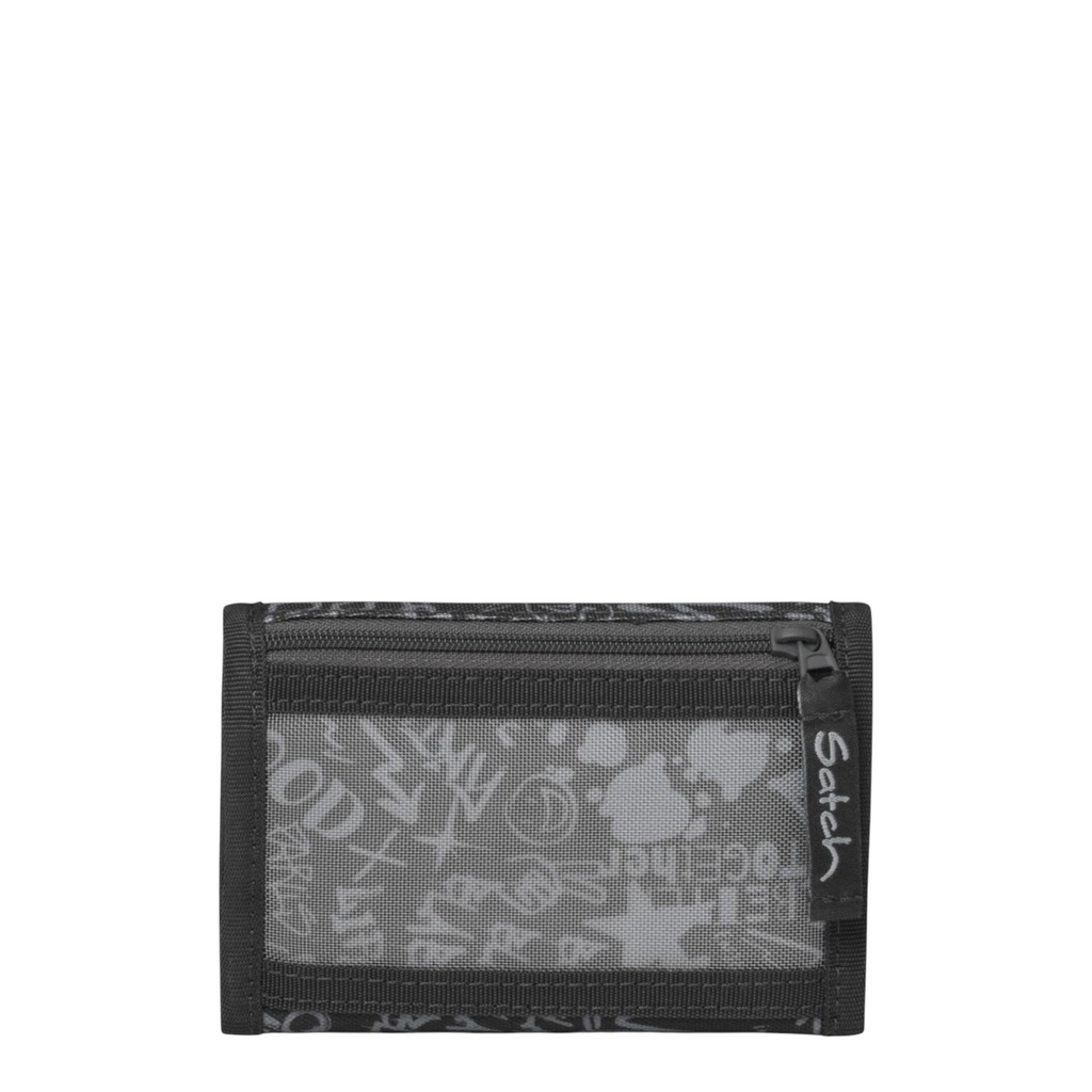 Lieblingstasche Satch wallet in black with a graffiti pattern, featuring a transparent mesh window and zip pocket.