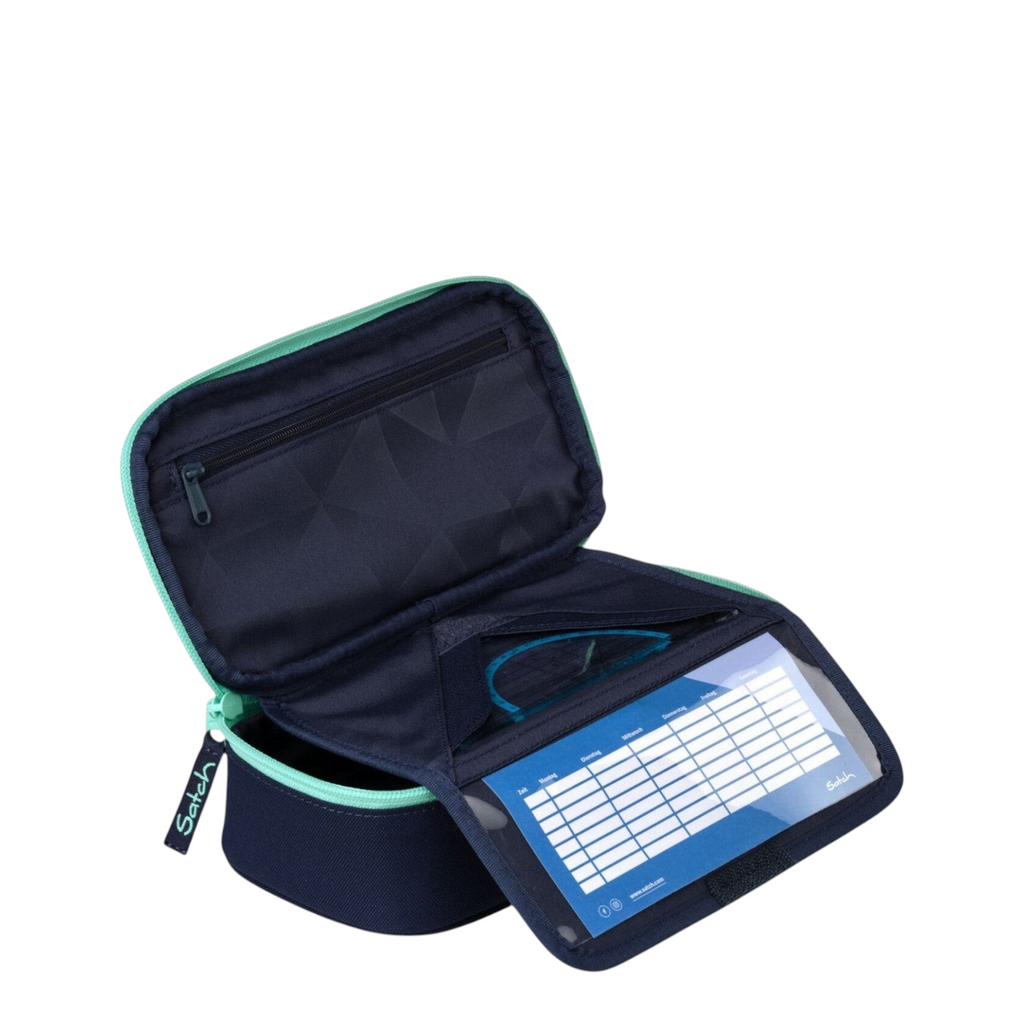 Lieblingstasche Satch pencil case in navy blue with mint green accents, featuring internal organizers and timetable