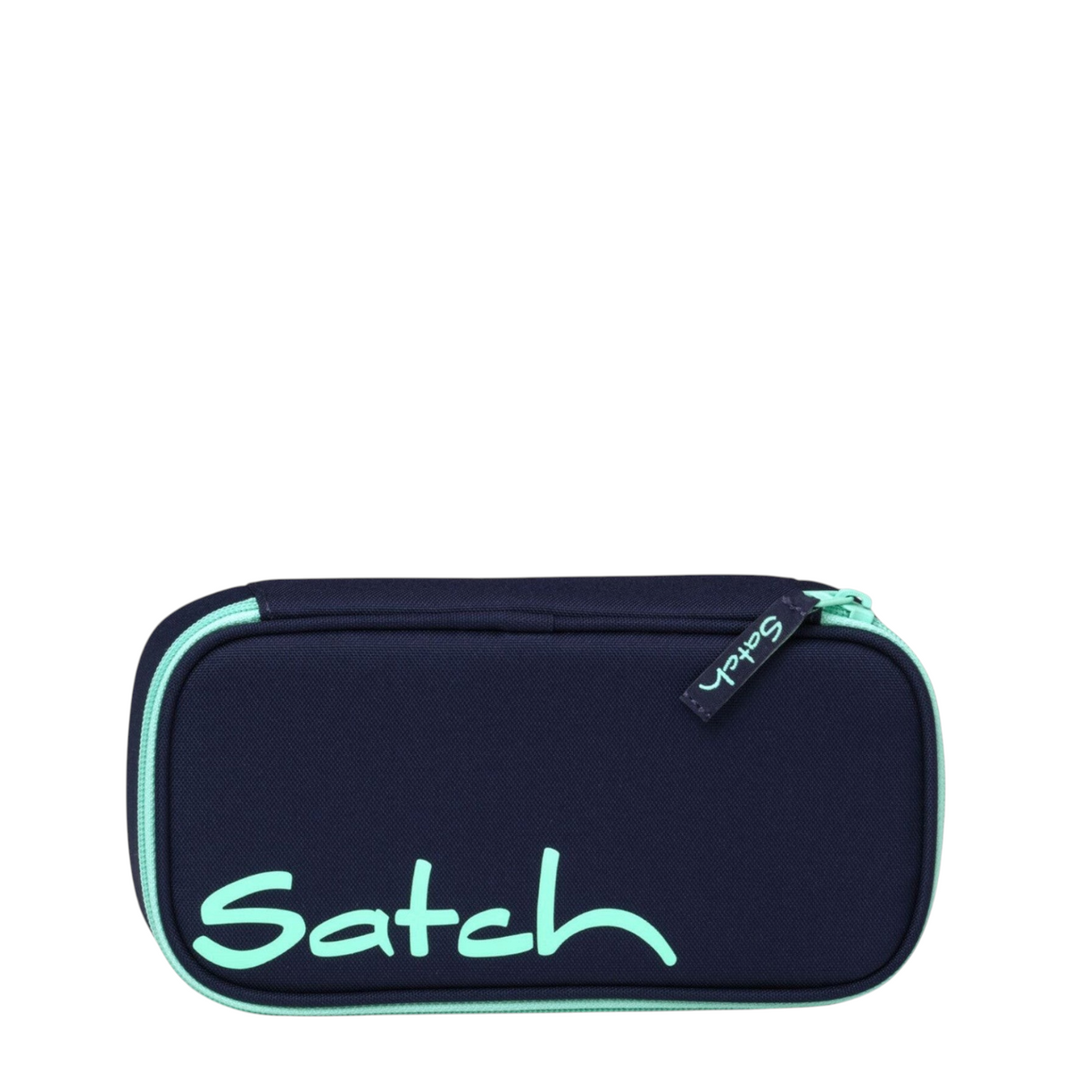 Lieblingstasche Satch pencil case in dark blue with mint green zipper and logo, made from recycled PET material.