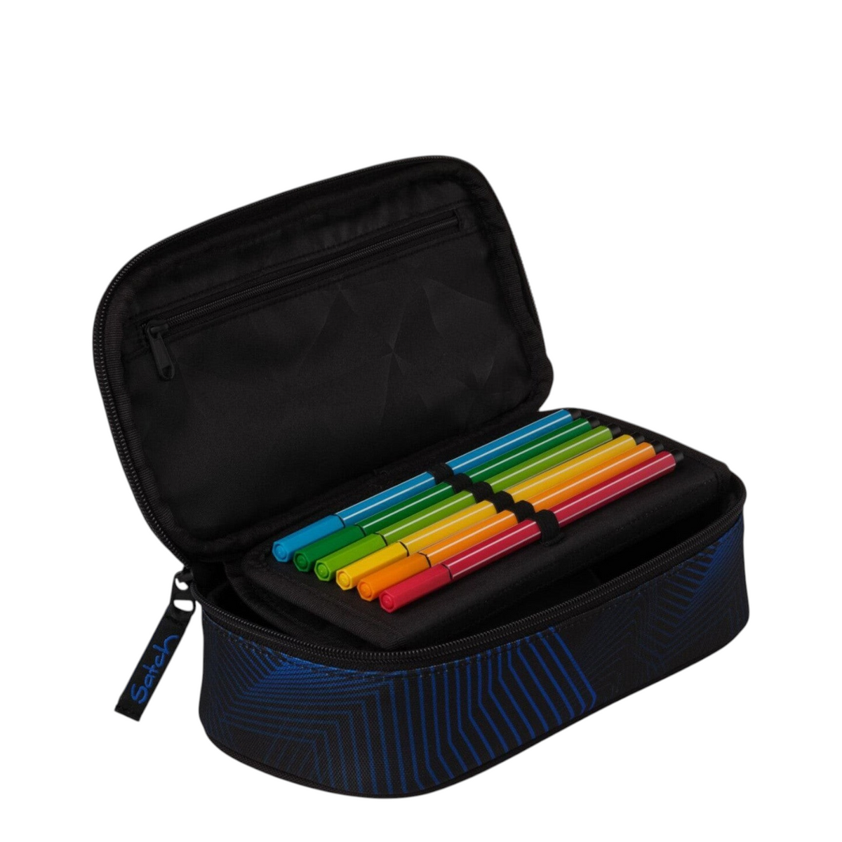 Lieblingstasche Satch pencil case in black and blue with geometric pattern, internal pen loops, and zip compartment.