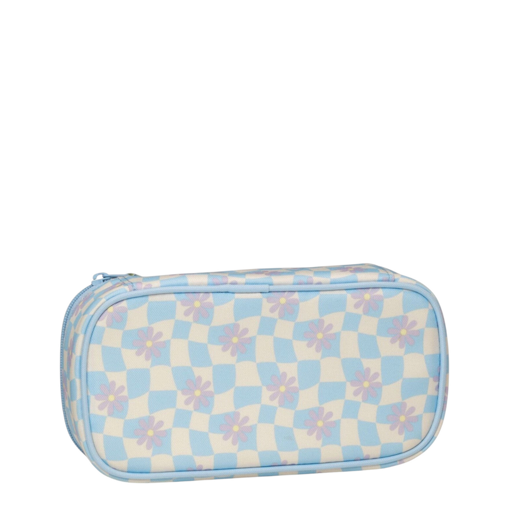 Lieblingstasche Satch pencil case in blue and white checkered pattern with purple flower print made from recycled PET