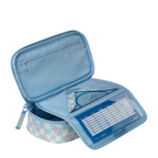 Lieblingstasche Satch Schlamperbox in light blue with floral checkerboard pattern, open with internal organizer.