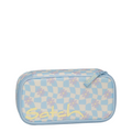 Lieblingstasche Satch pencil case in light blue and white checkerboard pattern with purple daisy flower print