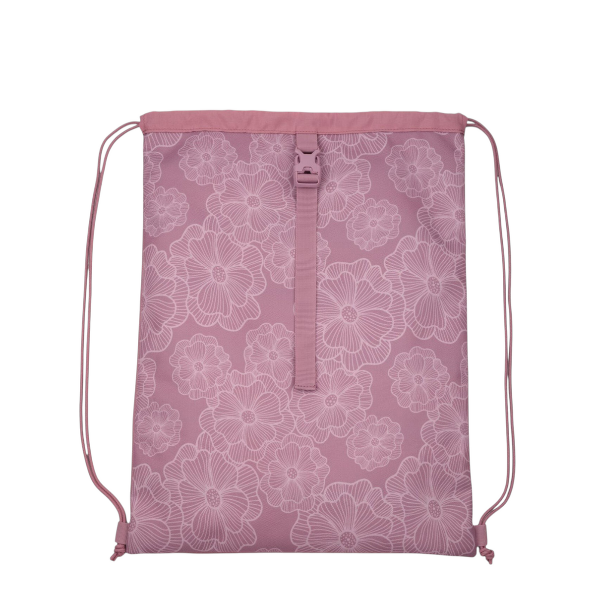 Lieblingstasche Satch drawstring sports bag in dusty pink with a white floral line art pattern and buckle strap.