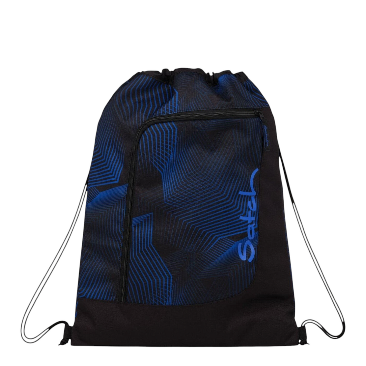 Lieblingstasche Satch drawstring sports bag in black and blue with geometric pattern and front zip pocket