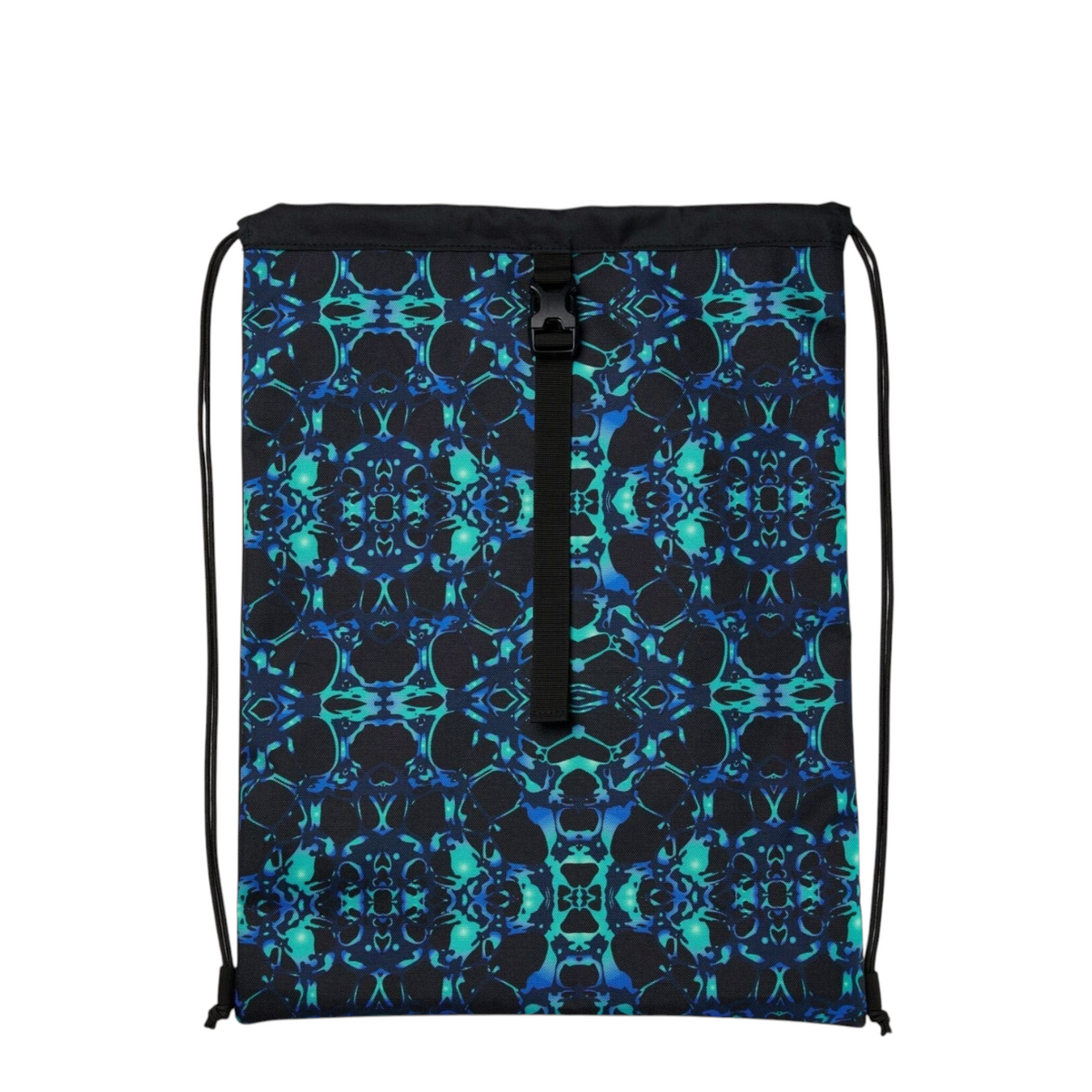 Lieblingstasche Satch drawstring sports bag in a black and blue abstract pattern with a secure front buckle strap.
