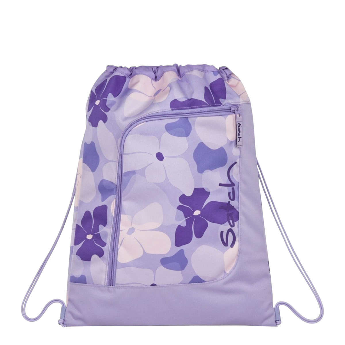 Lieblingstasche Satch drawstring sports bag in purple with a floral pattern and front zipper pocket