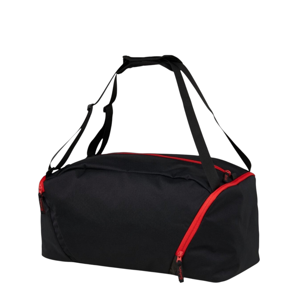 Lieblingstasche satch black sports bag with red zipper details, featuring versatile straps for multiple carry styles.