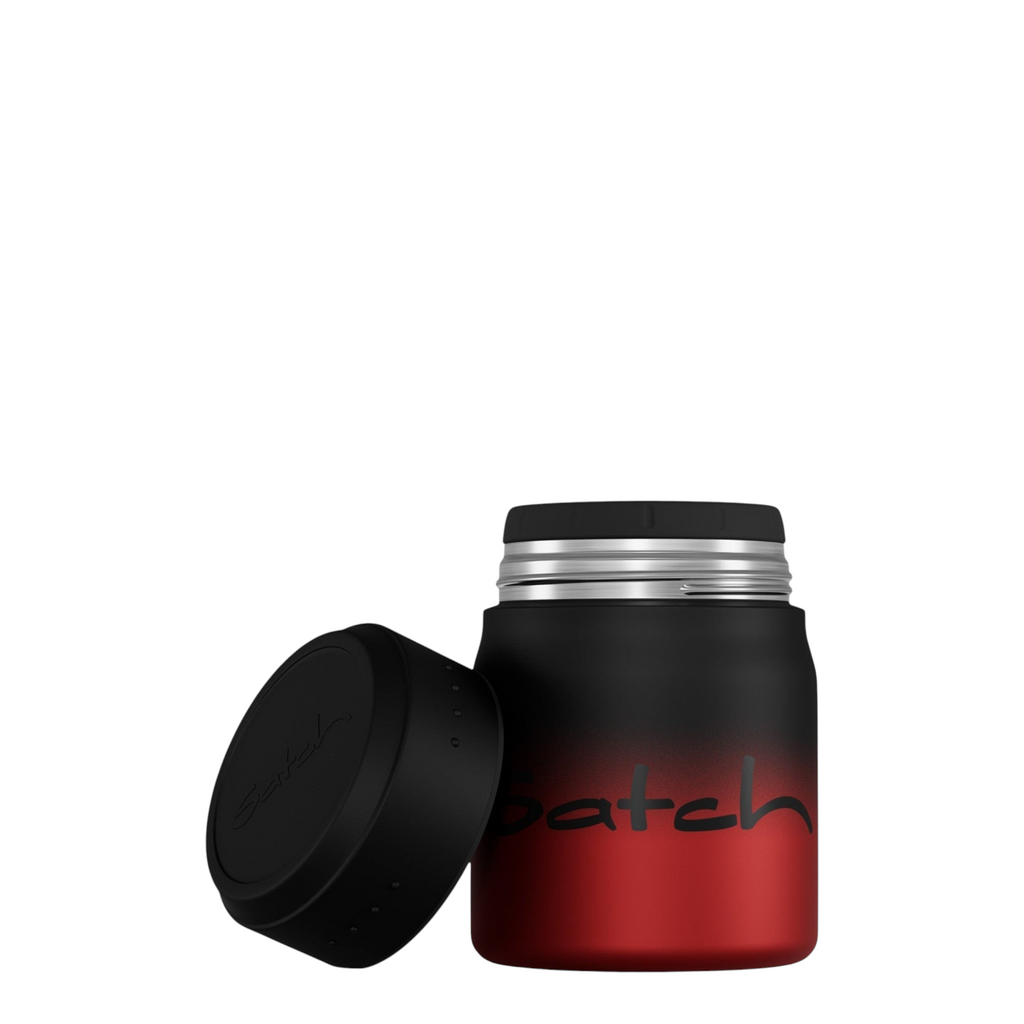 Lieblingstasche Satch insulated food jar in black and red gradient with a leakproof lid and Satch logo branding.