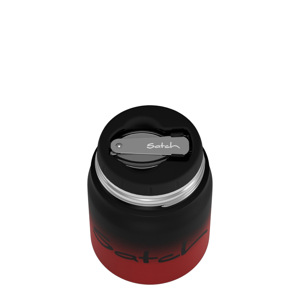 Lieblingstasche Satch insulated food container in black and red with integrated spork on the lid
