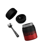 Lieblingstasche Satch insulated food container in red and black gradient with matching folding spork and lid