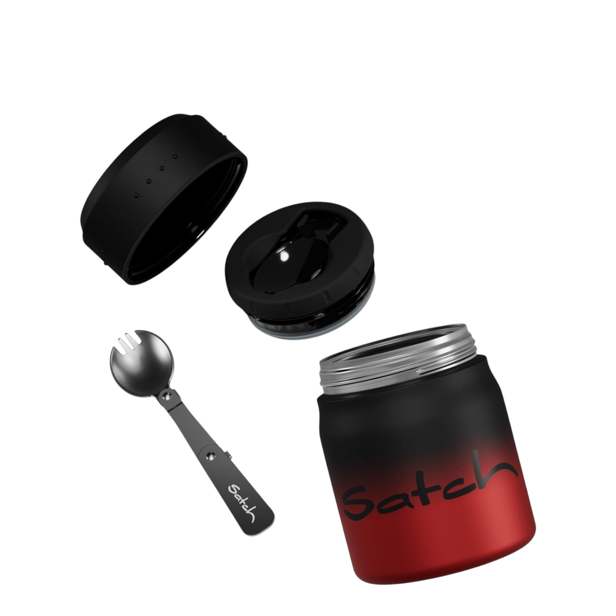 Lieblingstasche Satch insulated food container in red and black gradient with matching folding spork and lid