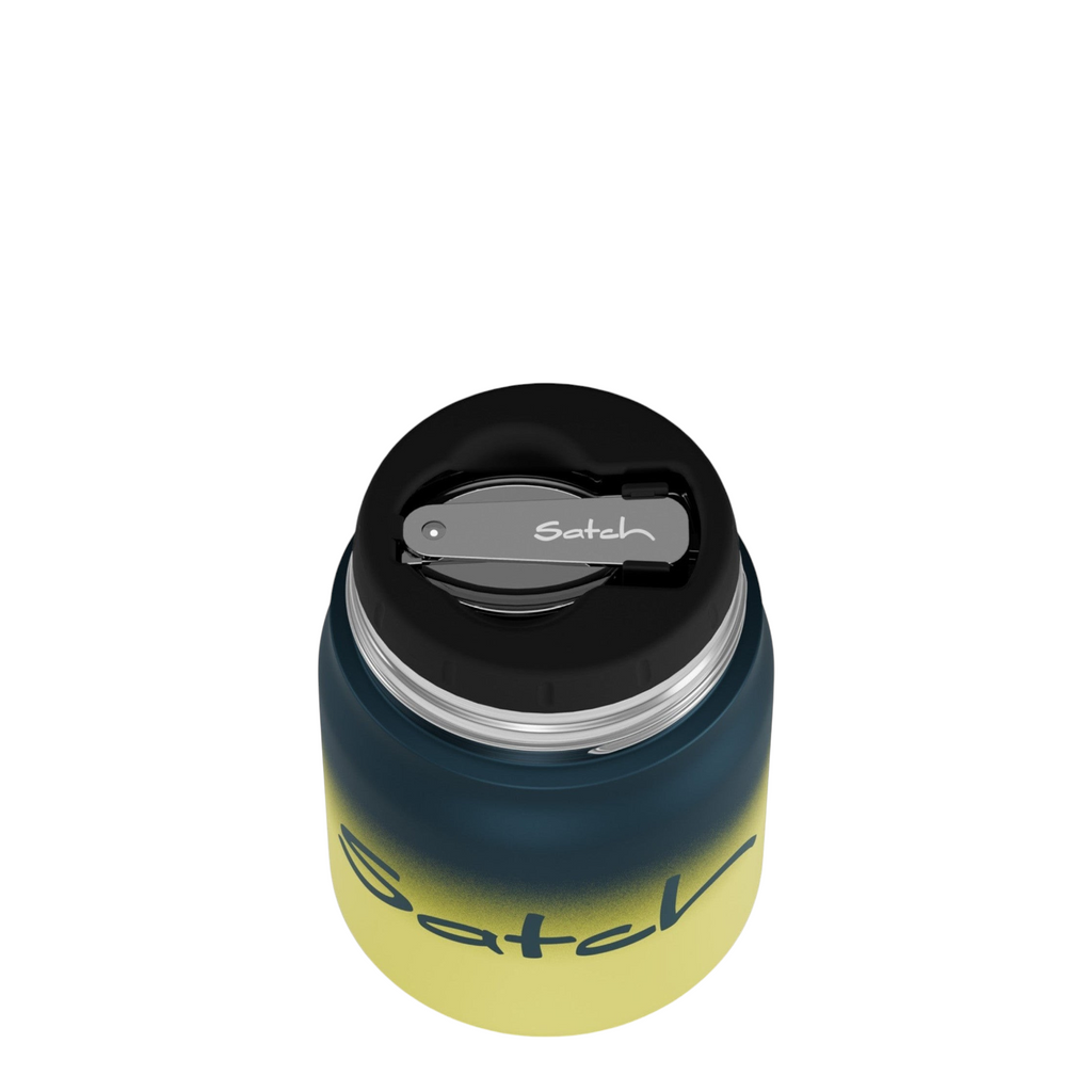 Lieblingstasche Satch insulated food container in blue and yellow with integrated spork on the lid