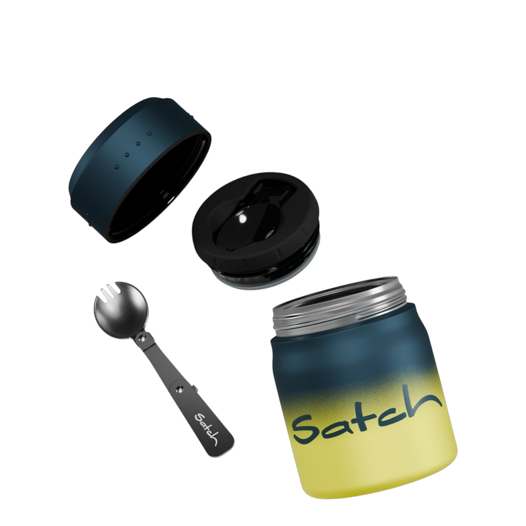 Lieblingstasche Satch insulated food container in blue and yellow with a matching foldable spork and lid.