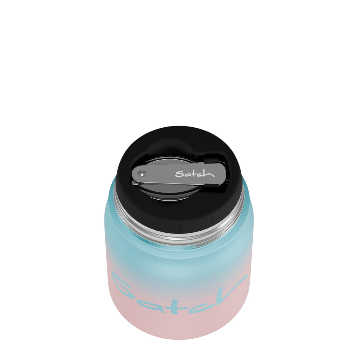 Lieblingstasche Satch insulated food container in blue and pink gradient with integrated spork on black lid