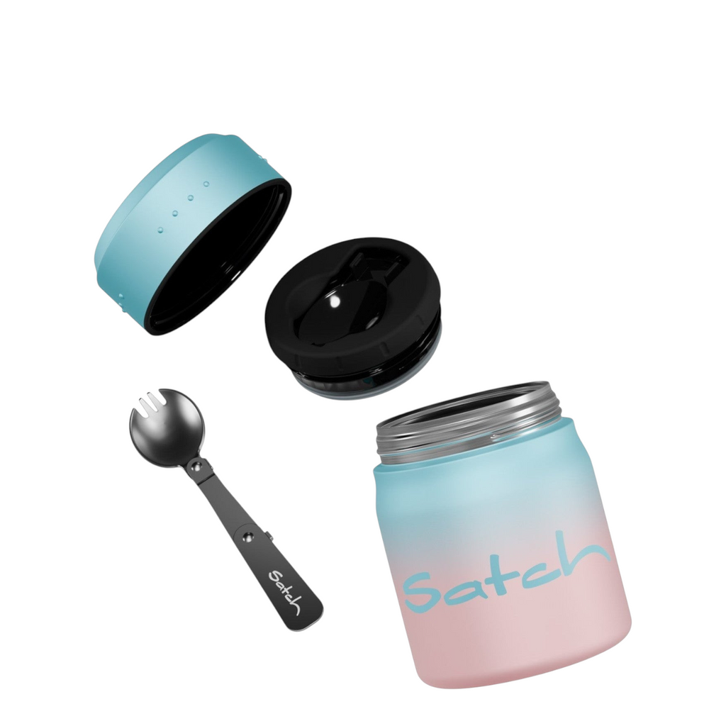 Lieblingstasche Satch insulated food container in blue and pink gradient with a black spork and leakproof lid.