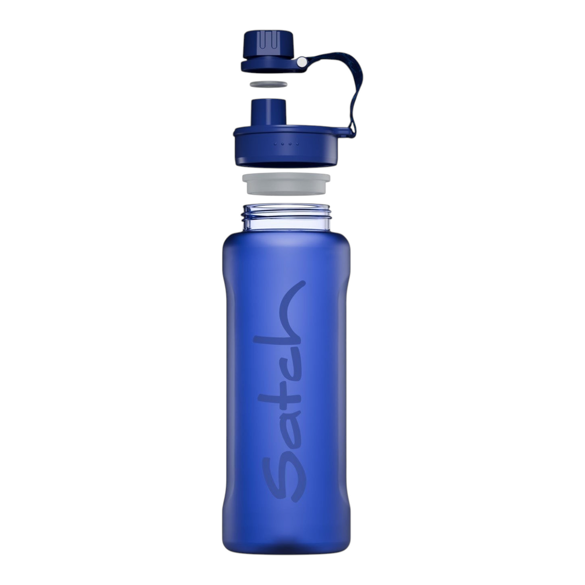 Lieblingstasche satch XL blue plastic water bottle with a detachable leak-proof cap shown in an exploded view