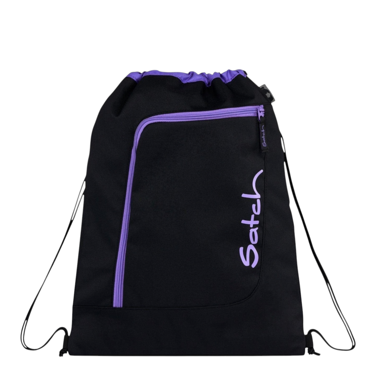 Lieblingstasche Satch drawstring sports bag in black with purple zipper and logo details for school and gym